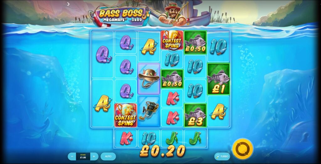 Bass Boss Megaways slot base game grid showing 6x7 reels layout with active Megaways count and horizontal reel below.