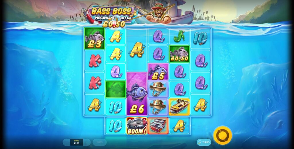 The Bass Boss character casting his fishing line onto a reel using the Catch feature in Bass Boss Megaways slot.