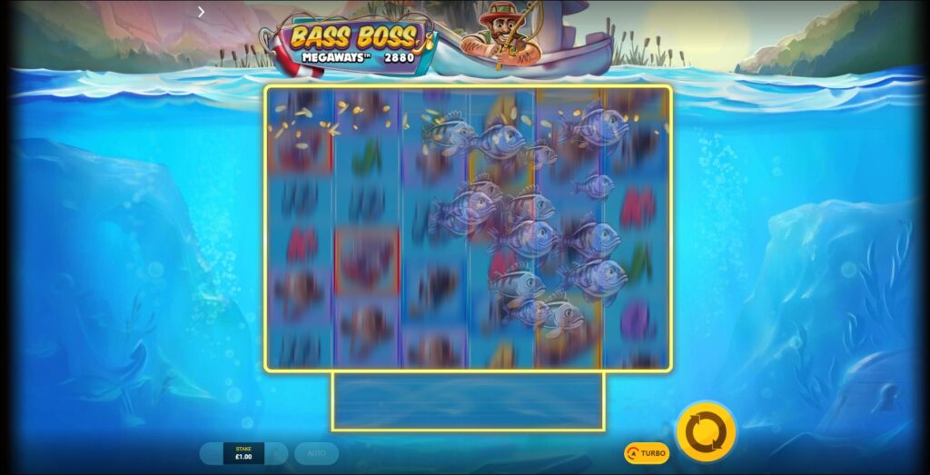 The Ground Bait feature adding numerous fish scatters onto the Bass Boss Megaways reels.