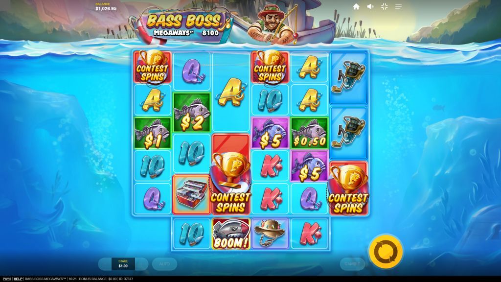 Four Contest Spins scatter symbols triggering the free spins bonus round in Bass Boss Megaways.