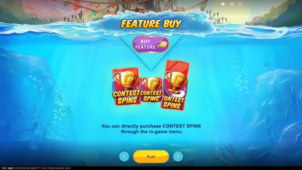 The Feature Buy menu option in Bass Boss Megaways slot, showing the cost to trigger Contest Spins.