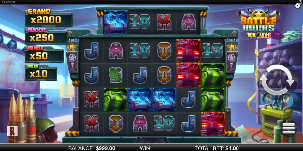 Battle Bucks 10k Ways slot main game screen showing the 6-reel layout, top reel, and military tank theme.