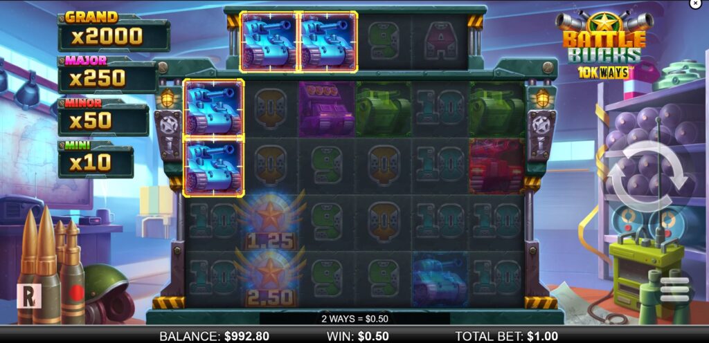 Example of a winning combination with tank symbols on adjacent reels in Battle Bucks 10k Ways slot.