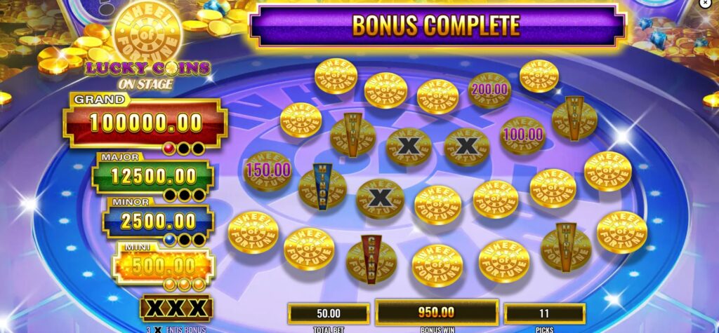  Winning the Mini Jackpot during the Jackpot Bonus pick game in Wheel of Fortune Lucky Coins On Stage slot.