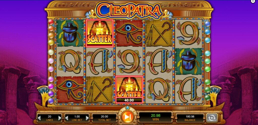 Main game screen of the IGT Cleopatra slot showing reels, paylines, and user interface controls.