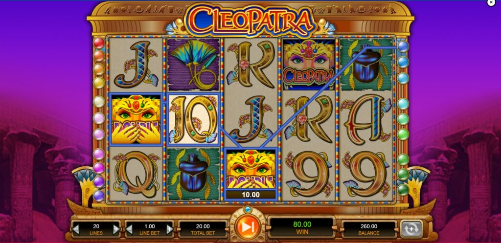 Example of a winning combination highlighted across an active payline in the Cleopatra slot game.