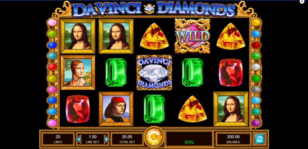 Da Vinci Diamonds base game showing the 5x3 reel layout with art and gem symbols.