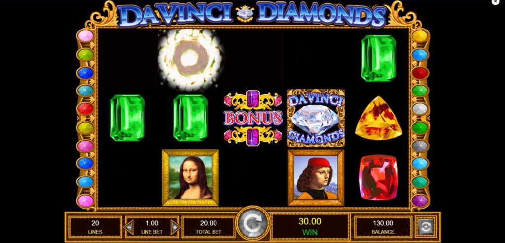 Screenshot of Da Vinci Diamonds Tumbling Reels feature with winning symbols disappearing and new symbols falling.