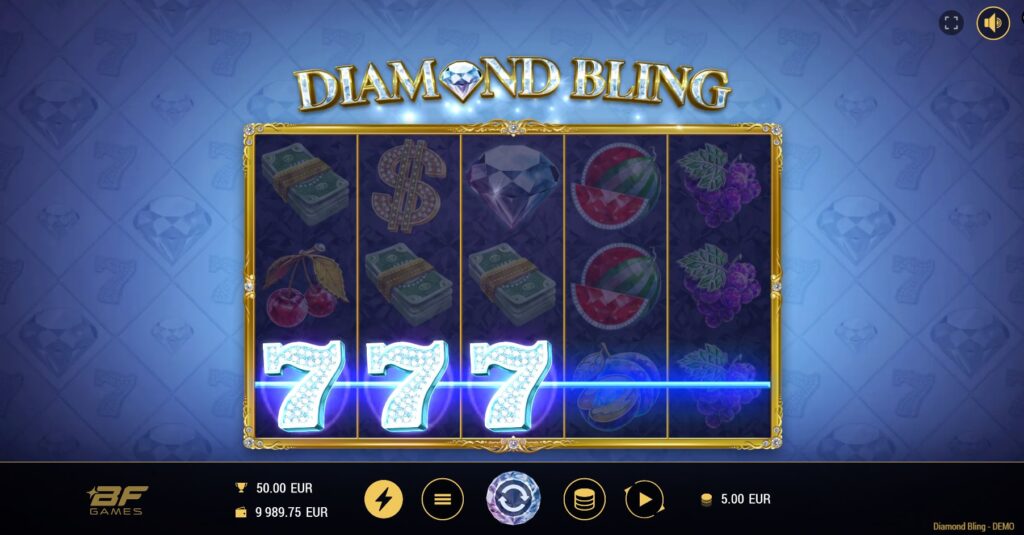 A winning combination of standard symbols formed on an active payline in the Diamond Bling slot game.