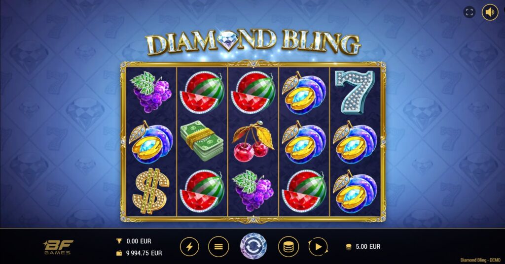 Main gameplay screen of the Diamond Bling online slot by BF Games, featuring the 5x3 reel layout and luxury theme symbols.