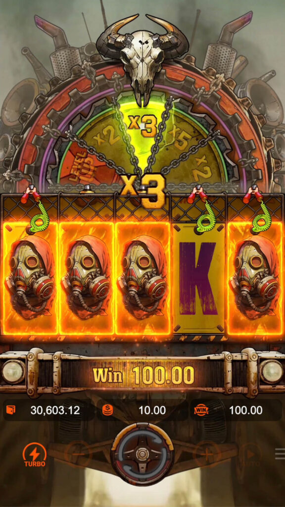 Green Multiplier Wheel result in Doomsday Rampage slot applying an x3 multiplier to a win from Gas Mask symbols.