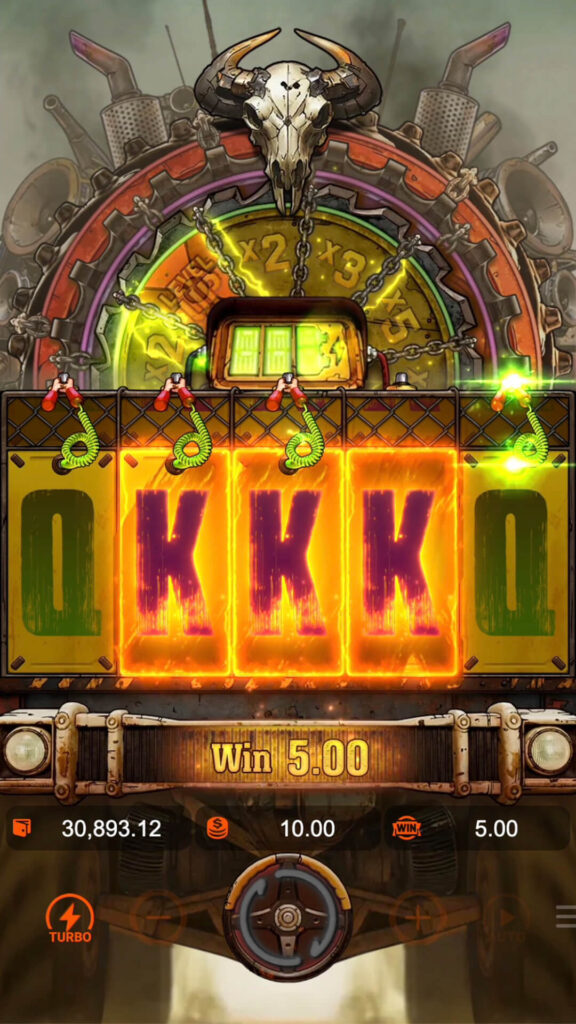 Purple Multiplier Wheel outcome in Doomsday Rampage showing an x10 multiplier applied to a win from K symbols.