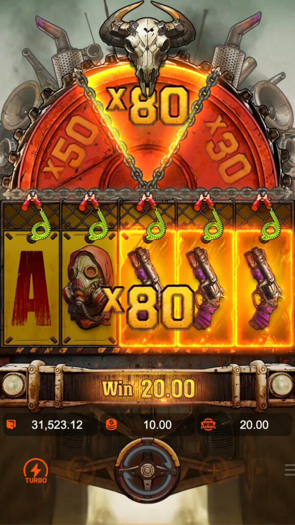 Red Multiplier Wheel landing on x80 in Doomsday Rampage slot, multiplying the base win from A symbols.