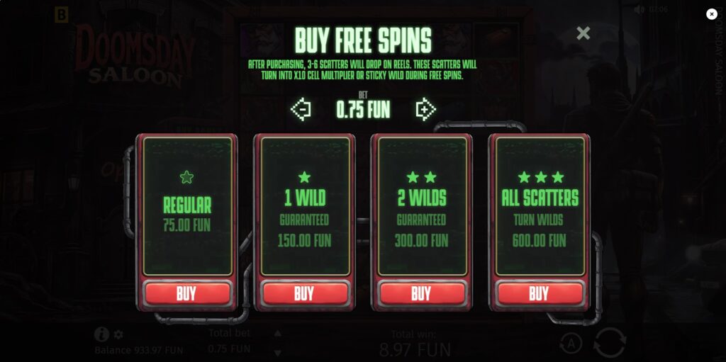 The Buy Bonus feature interface displaying the different purchase options and costs in Doomsday Saloon.