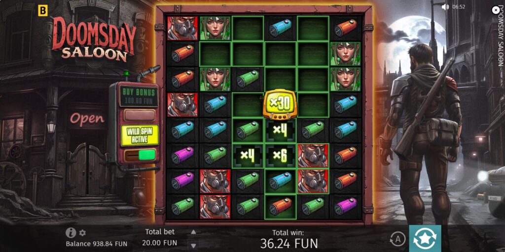 Grid showing active x4, x6 Cell Multipliers on marked cells in Doomsday Saloon.