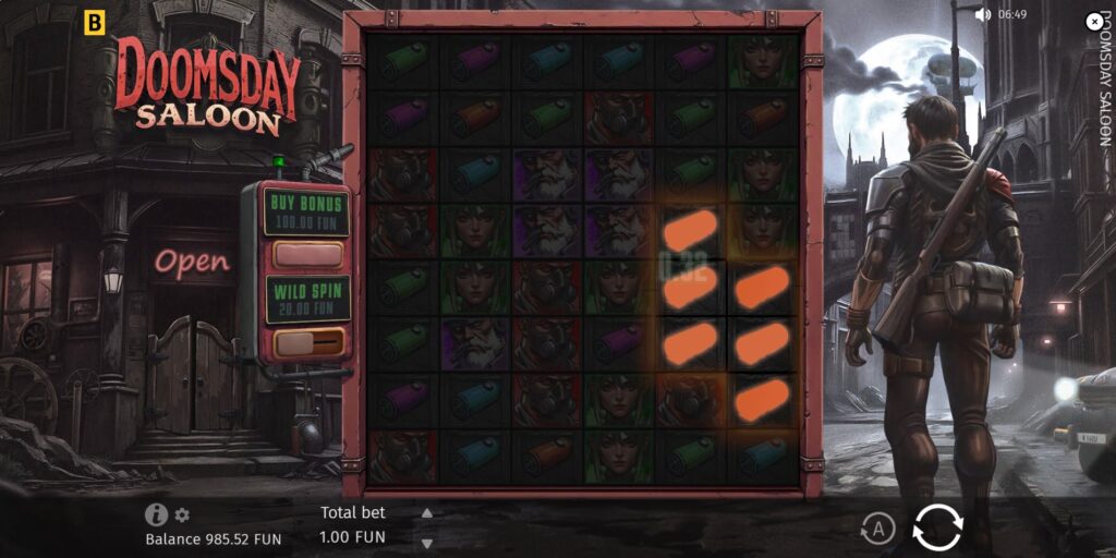 Example of a winning symbol cluster formation (5+ symbols) in Doomsday Saloon.