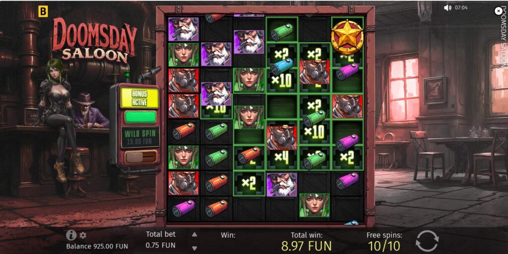 Doomsday Saloon Free Spins round with accumulated persistent Cell Multipliers and Sticky Wilds active on the grid.