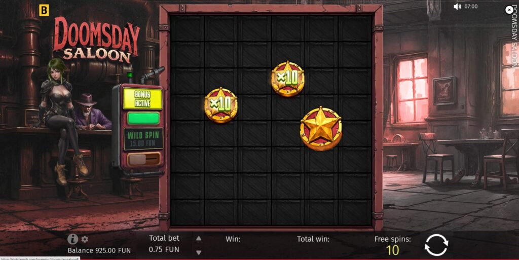 Start of Free Spins in Doomsday Saloon showing triggering Scatters converting to Wilds or x10 Cell Multipliers.