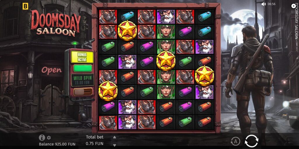 hree or more Scatter symbols triggering the Free Spins bonus round in Doomsday Saloon.