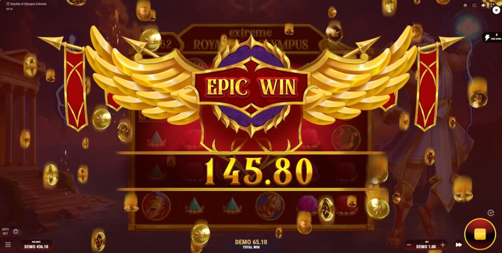A Big Win screen notification achieved while playing the Royalty of Olympus Extreme slot by Barbara Bang.
