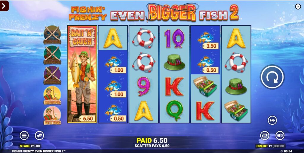 Fishin' Frenzy Even Bigger Fish 2 'Bait 'N' Catch' collector triggering the respin mechanic.