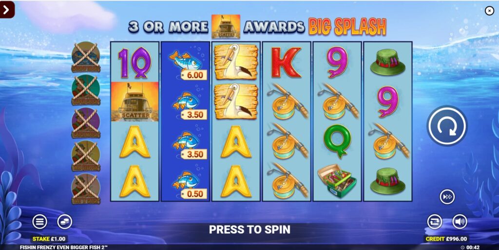 Fishin' Frenzy Even Bigger Fish 2 slot base game grid with 6 reels, 4 rows, and 4096 ways to win.