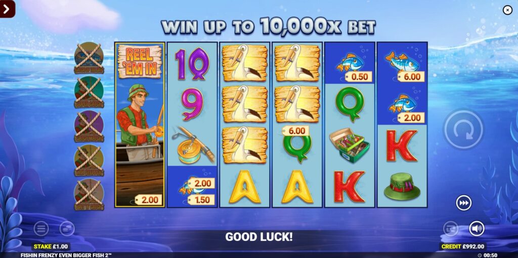 The 'Reel 'Em In' fisherman collecting Fish Cash symbol values in Fishin' Frenzy Even Bigger Fish 2 slot.