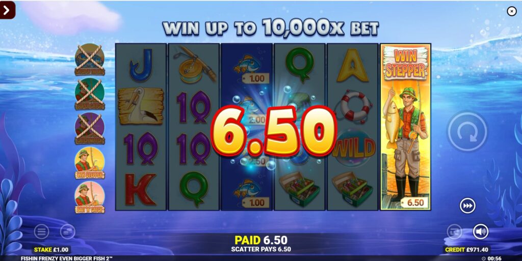 Expanded 'Win Stepper' fisherman covering the reel in Fishin' Frenzy Even Bigger Fish 2.