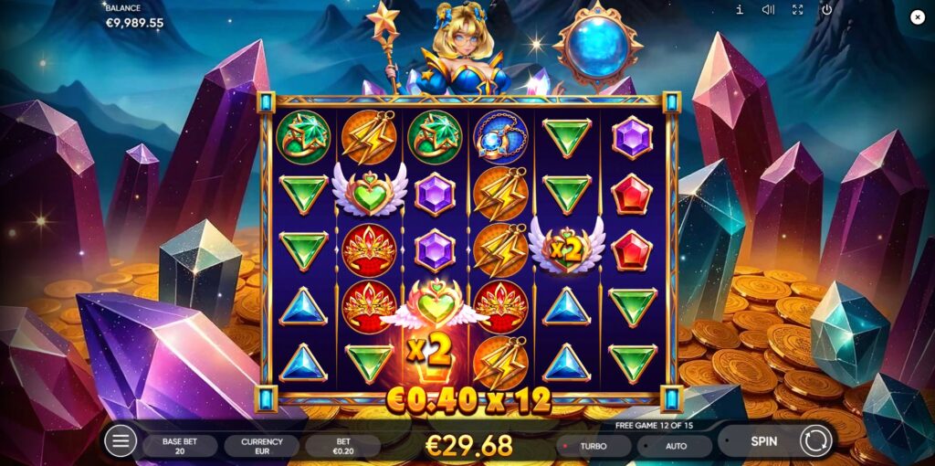 A significant win during Starshine Crystals Free Games, showcasing a high accumulated multiplier applied to the payout.