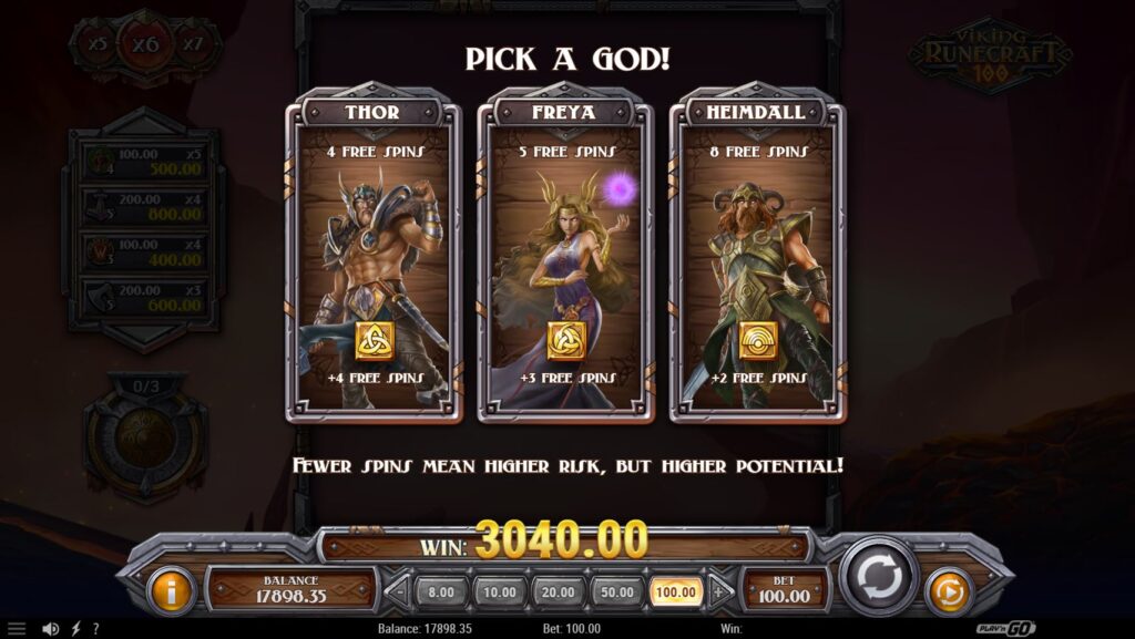 The Free Spins choice screen in Viking Runecraft 100, showing options for Thor, Freya, and Heimdall.