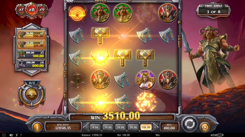 A winning combination during the Free Spins round of Viking Runecraft 100 with a high win multiplier.