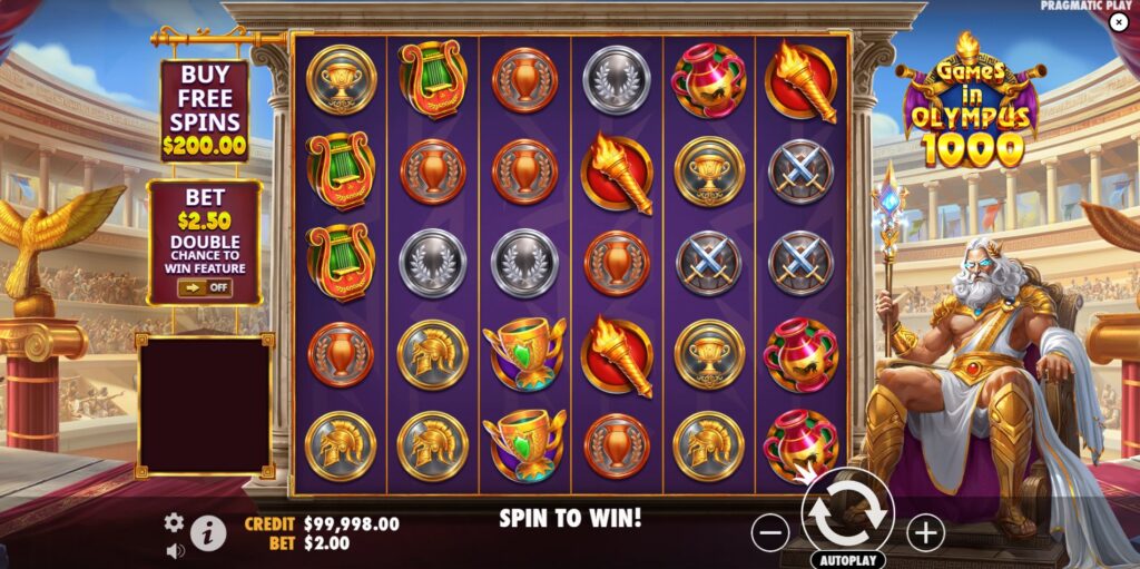 Games in Olympus 1000 slot base game screen showing the 6x5 layout and Zeus character.