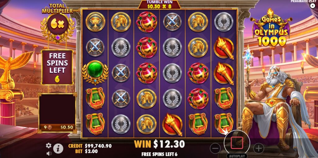Games in Olympus 1000 Free Spins round interface with the total accumulated multiplier visible.