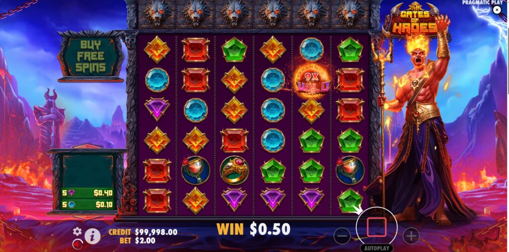Gates of Hades slot base game screen featuring the 6x6 grid, Hades character, and underworld theme.
