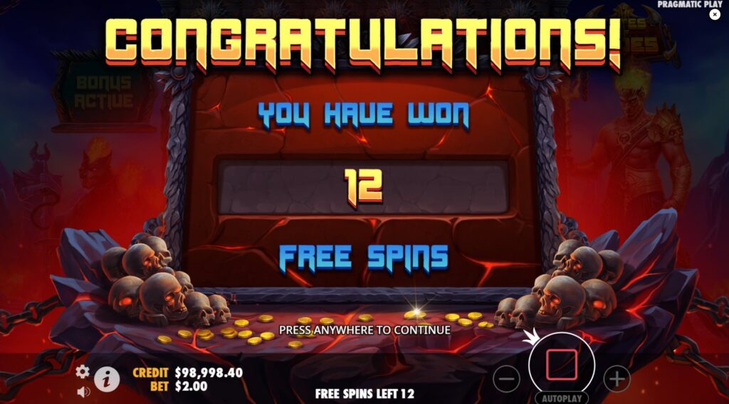 The screen confirming the activation of the Free Spins bonus round in Gates of Hades.