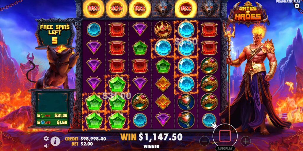 Gameplay during the Gates of Hades Free Spins round, highlighting the persistent reel multipliers.