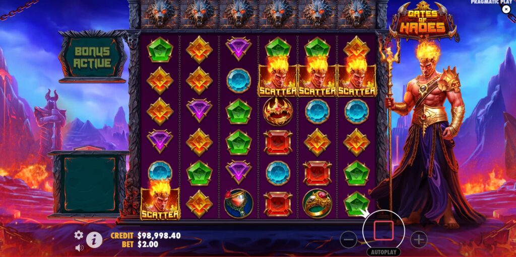 Three or more Scatter symbols landing on the Gates of Hades grid to trigger the Free Spins feature.