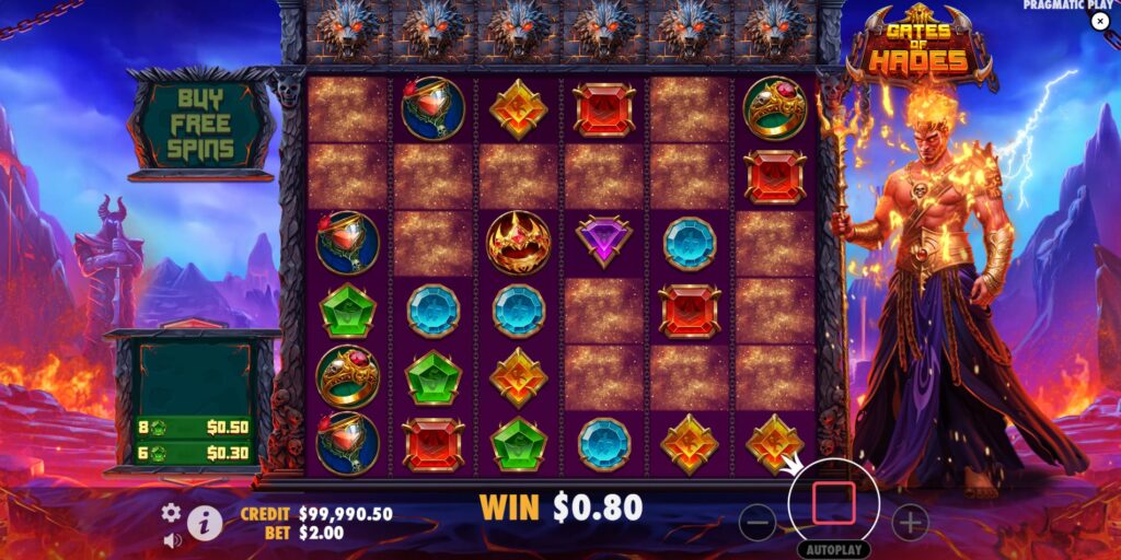 The Tumble Feature active in Gates of Hades slot, with new symbols falling after a cluster win.