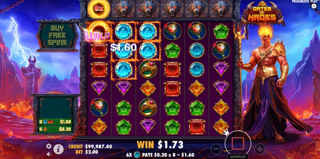 A winning cluster of matching symbols formed on the Gates of Hades slot grid, demonstrating the Cluster Pays mechanic.