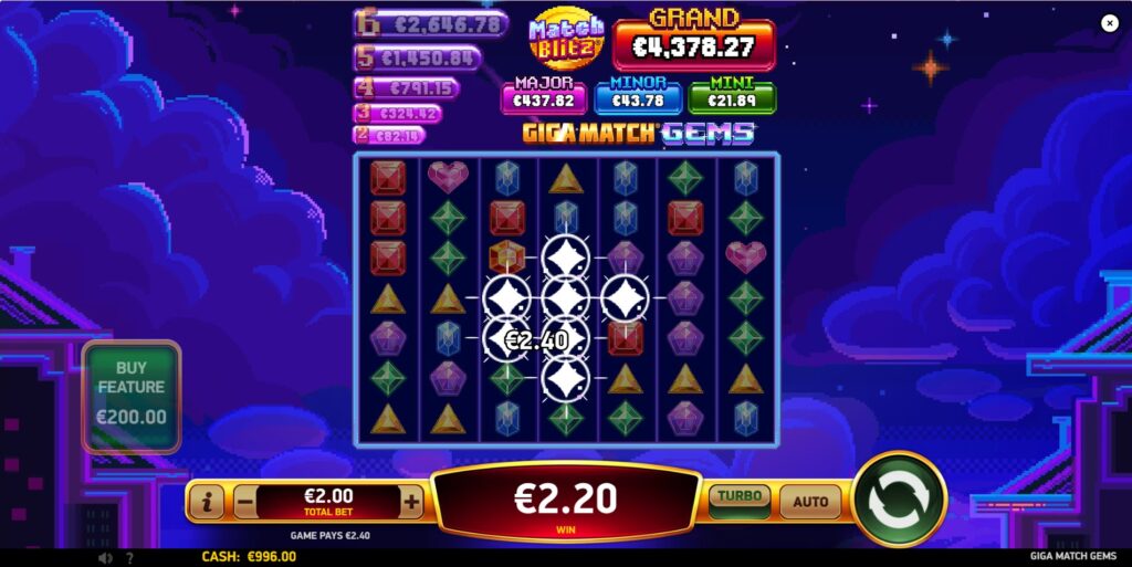 Example of a winning cluster formation (5+ adjacent symbols) in the Giga Match Gems slot game.