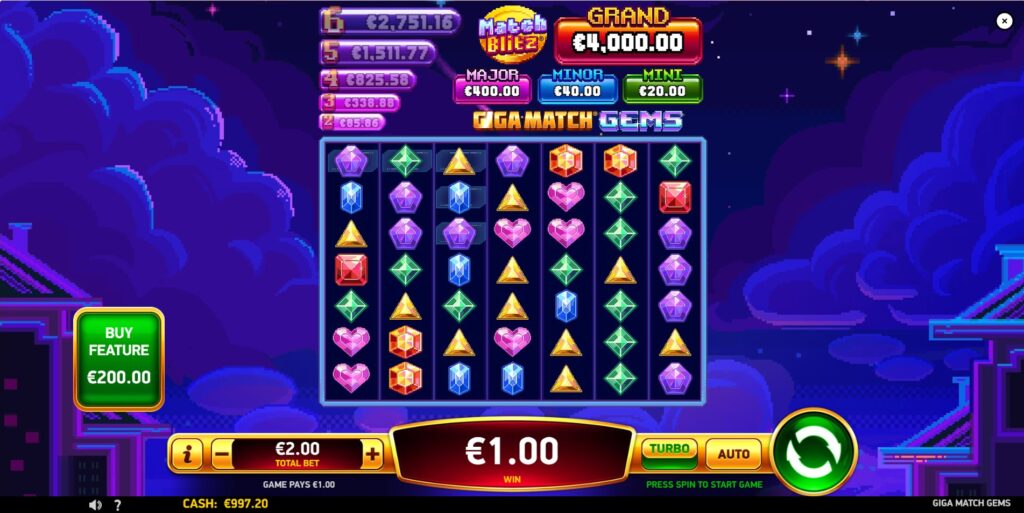 Main game interface of Giga Match Gems slot by RubyPlay, showing the 7x7 grid, controls, and Match Blitz jackpot display.