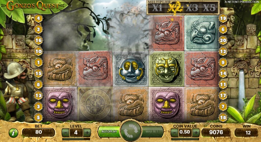 An Avalanche win in the Gonzo's Quest game showing exploding symbols and an active 2x win multiplier.