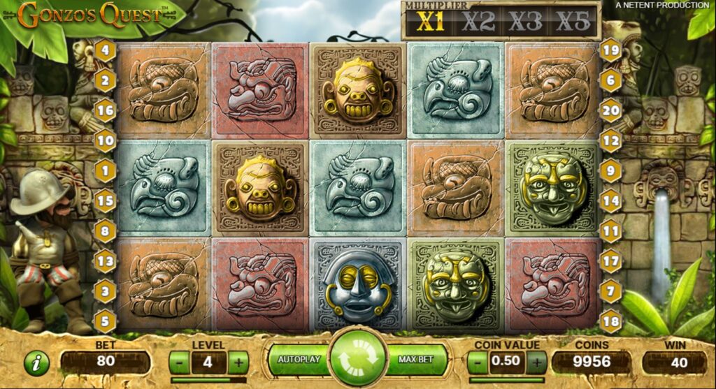 Gonzo's Quest slot gameplay featuring the 5x3 grid of Mayan symbols and the Gonzo character.