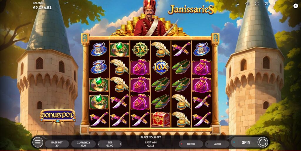 Multiplier gem symbols landed on the reels during the base game of Janissaries slot.