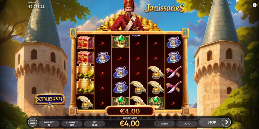 Cascading reels mechanic in action in the Janissaries slot after a winning combination.