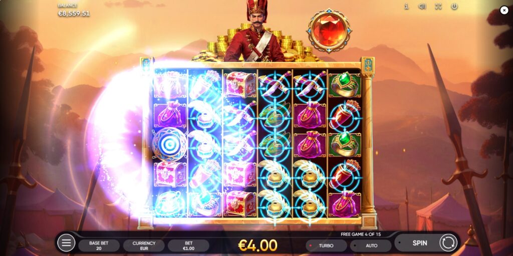 The Amulet symbol activating during Free Games in Janissaries, removing low-paying symbols.