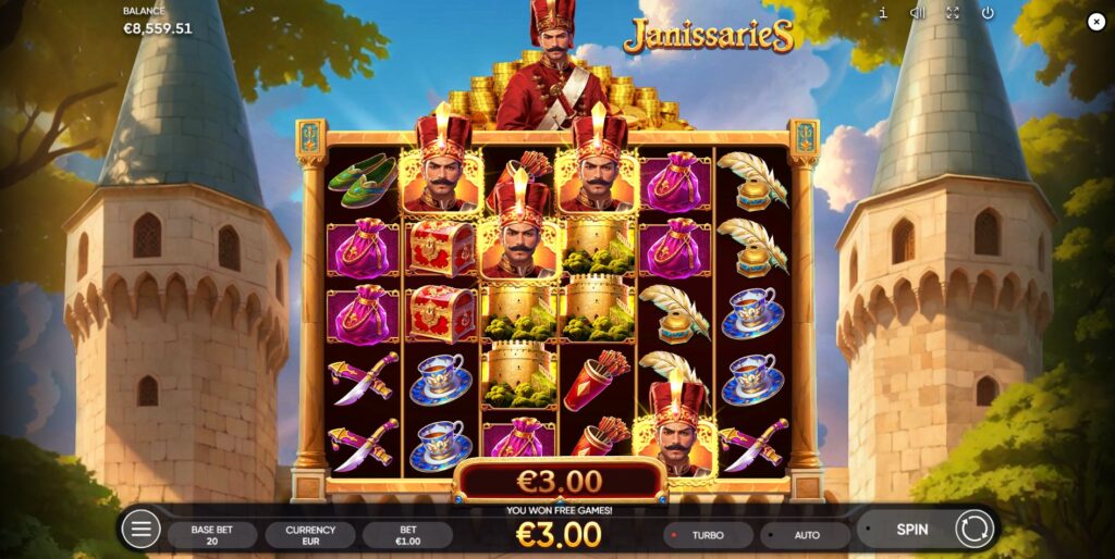 Four Bonus scatter symbols triggering the Free Games feature in the Janissaries slot.