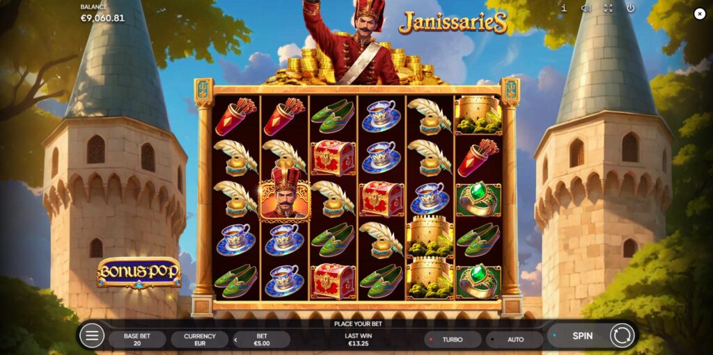 Janissaries slot main game interface showing the 6x5 reel layout and Ottoman theme.