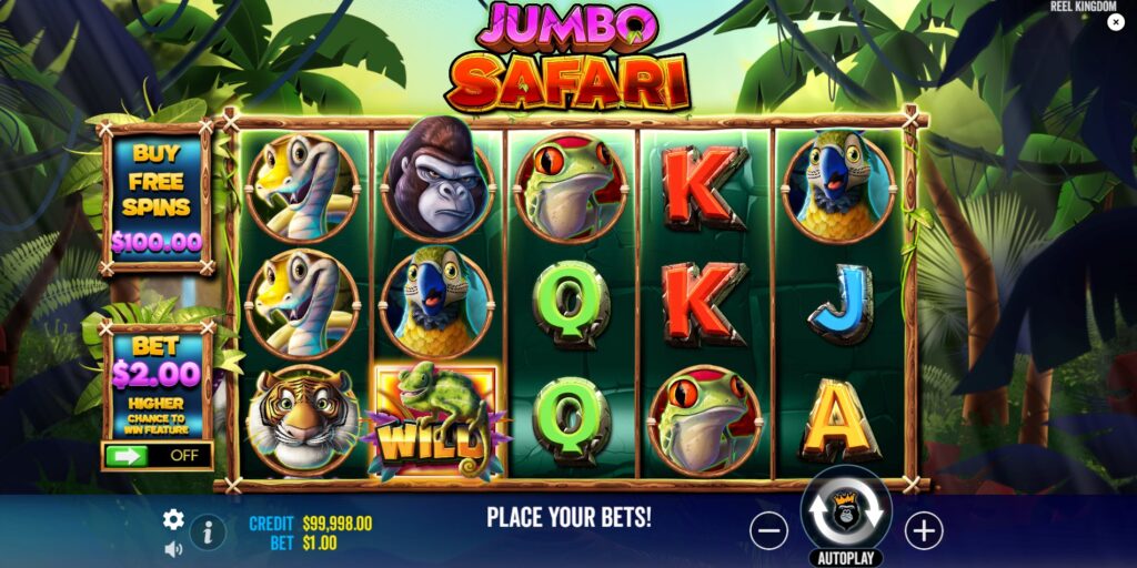 Jumbo Safari slot base game screen showing the 5x3 reel layout and symbols.