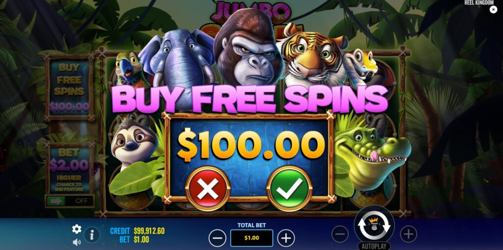 The interface showing the option to Buy Free Spins for instant feature access in the Jumbo Safari slot.